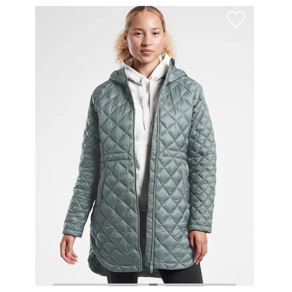 Athleta Whisper Featherless Full Zip Hooded Parka Puffer Jacket Green Size Small